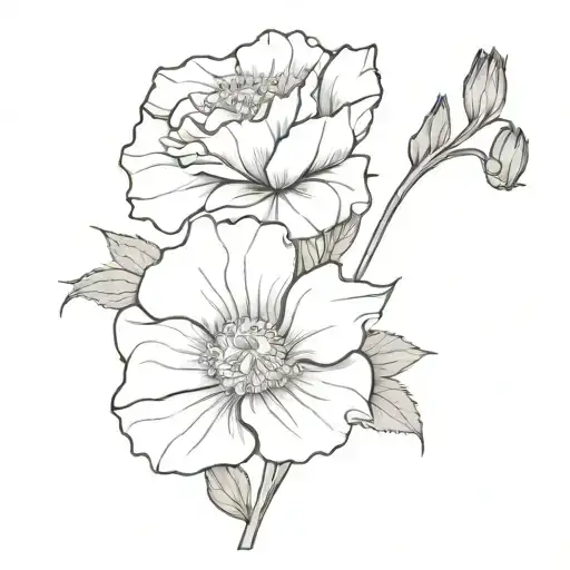 bouquet of 2 carnation flowers, 1 violet, 1 morning glory and 1 marigold flowers tattoo design idea