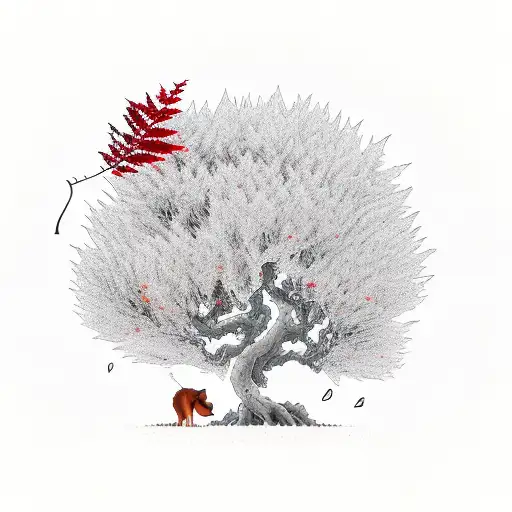 Tree with red leaves, some leaves blowing in the wind. A samuri standing next to the tree and a little dog looking up tattoo design idea