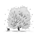 Tree with red leaves, some leaves blowing in the wind. A samuri standing next to the tree and a little dog looking up tattoo design idea