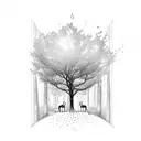 Tree with red leaves, some leaves blowing in the wind. A samuri standing next to the tree and a little dog looking up tattoo design idea