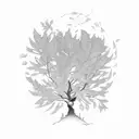 Tree with red leaves, some leaves blowing in the wind. A samuri standing next to the tree and a little dog looking up tattoo design idea