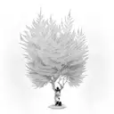 Tree with red leaves, some leaves blowing in the wind. A samuri standing next to the tree and a little dog looking up tattoo design idea