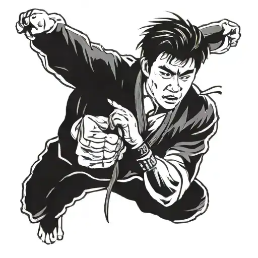 A taekwondo master, in meditation pose, clinched fist tattoo design idea