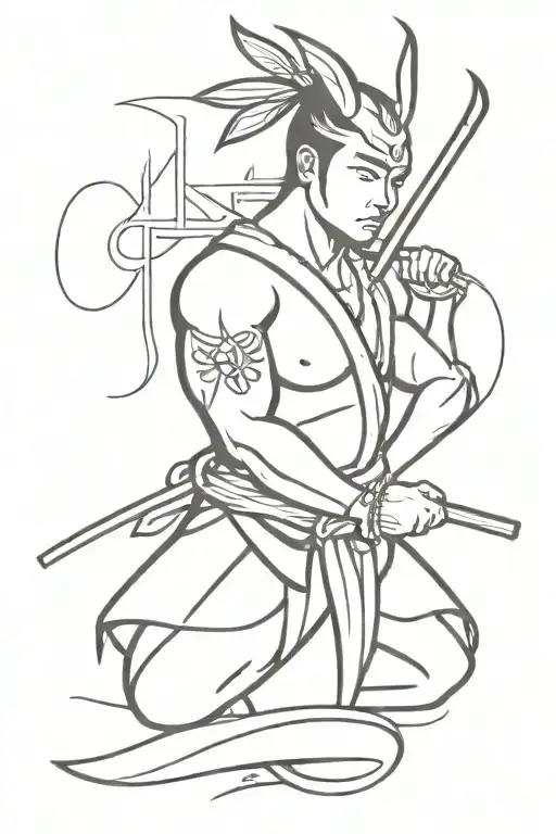 A subtle tattoo of a guecha warrior in a traditional pose, with a hidden Yakuza symbol integrated into the design tattoo design idea