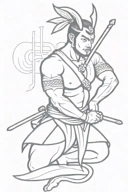 A subtle tattoo of a guecha warrior in a traditional pose, with a hidden Yakuza symbol integrated into the design tattoo design idea
