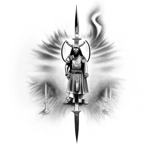 A black-grey tattoo of a warrior overcoming their drug addiction with the help of Jesus tattoo design idea