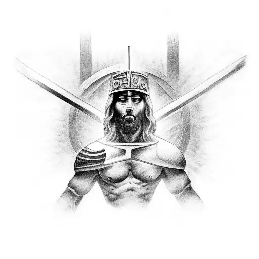 A black-grey tattoo of a warrior overcoming their drug addiction with the help of Jesus tattoo design idea