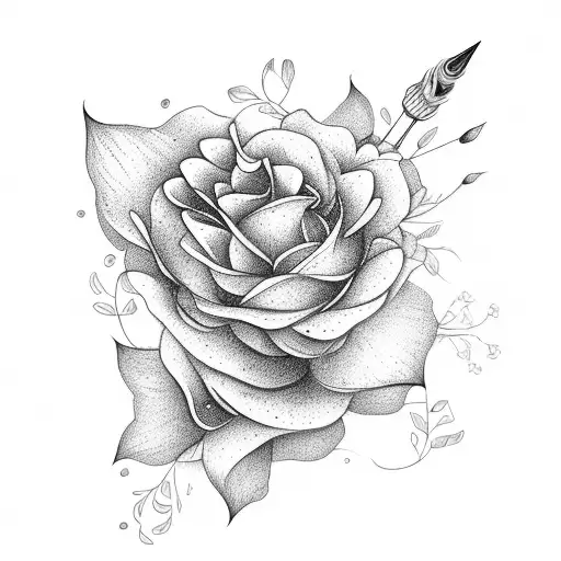 cascading arrangement of delicate flowers intertwining with paintbrushes and pencils, forming the foundation  tattoo design idea