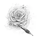 cascading arrangement of delicate flowers intertwining with paintbrushes and pencils, forming the foundation  tattoo design idea