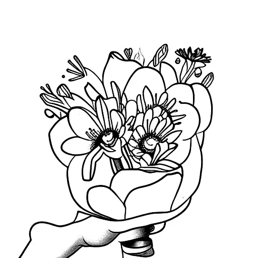 hold in hand bouquet- with stem and paper around Daisy  Rose  Waterlily  Gladioli  Cosmos  Holly  bouquet  tattoo design idea
