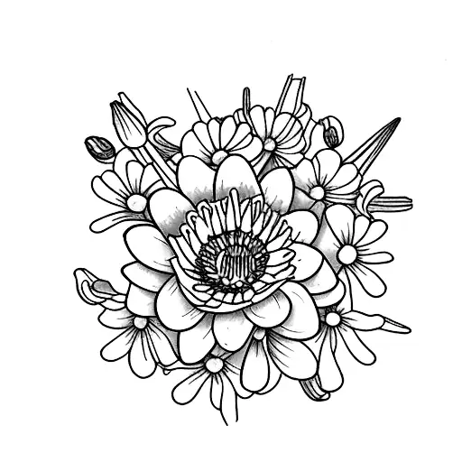 Daisy  Rose  Waterlily  Gladioli  Cosmos  Holly  bouquet  tattoo design idea