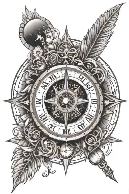 Tattoo template with solar system in clock with compass needles and mandala shapes in between tattoo design idea