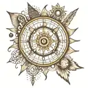 Tattoo template with solar system in clock with compass needles and mandala shapes in between tattoo design idea