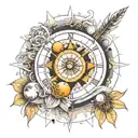 Tattoo template with solar system in clock with compass needles and mandala shapes in between tattoo design idea