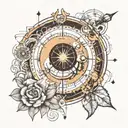 Tattoo template with solar system in clock with compass needles and mandala shapes in between tattoo design idea
