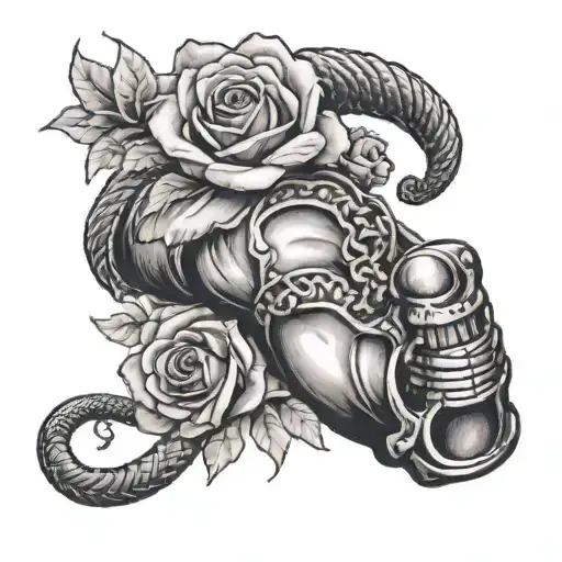 A detailed black and grey tattoo of a muscular arm lifting weights, with a snake wrapping around it and roses blooming at the wrist tattoo design idea