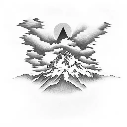 mont blonc mountain with clouds above with the sun behind the clouds shining though onto an angel tattoo design idea