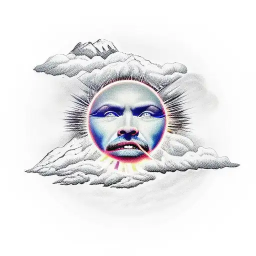 mont blonc mountain with clouds above with the sun behind the clouds shining though onto an angel tattoo design idea