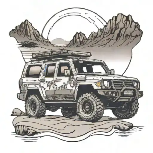 An intricate tattoo design of a 4x4 vehicle navigating through rugged terrain, with a backdrop of a beach sunset tattoo design idea