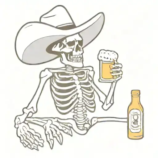 human skeleton with mexican hat and beer in hand tattoo design idea
