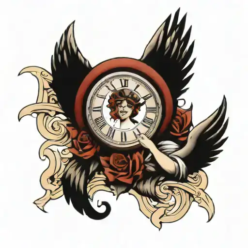 clock face angel holding tattoo design idea