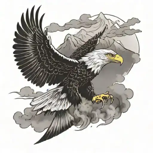 A tattoo design of an eagle soaring over a mountain peak with smoke forming intricate patterns in the sky tattoo design idea