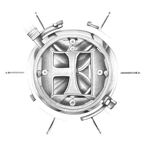 A dotwork tattoo of a car engine with a subtle cross incorporated, representing your devotion to both mechanics and your faith tattoo design idea