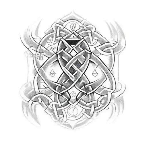 Celtic design on shoulder transitioning through water to a rocky escarpment encased in a serpent tattoo design idea