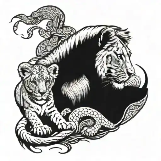 lioness snuggled to lion cub with scorpion tail wrapped tattoo design idea