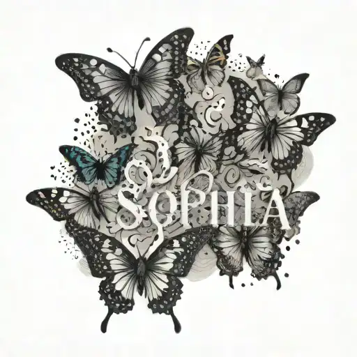 A fusion of butterflies and birds in a surreal design spelling out the name Sophia tattoo design idea