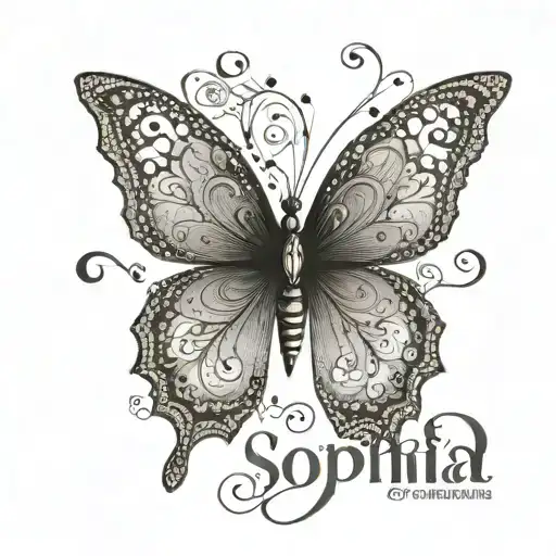 A beautiful and intricate butterfly design incorporating the name Sophia tattoo design idea