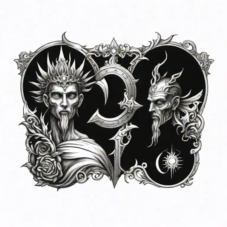 good and evil facing religious theme tattoo design idea