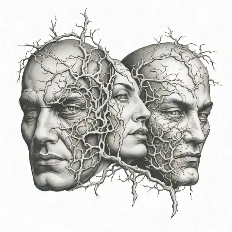 good and evil two faces joined by branches tattoo design idea