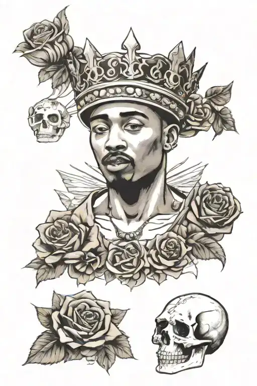 2pac head + crown + rose and skulls surrounded tattoo design idea