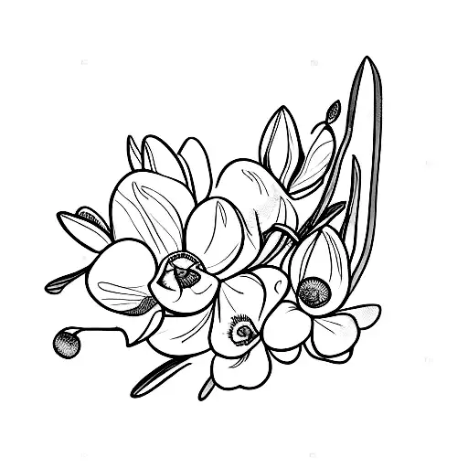bouquet of a snowdrop , larkspur, and marigold flowers wrapped in ribbon tattoo design idea