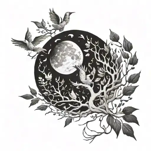 A surreal tattoo of a moon made of doves flying through a forest tattoo design idea