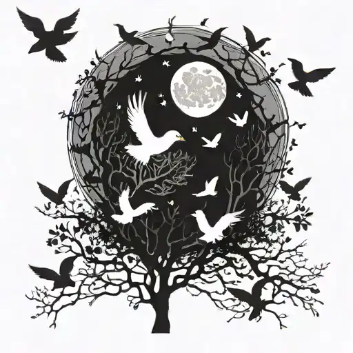 A mystical moonlit forest with a flock of doves flying overhead tattoo design idea