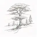A sketch of a serene landscape with a towering cedar tree as the focal point, surrounded by a burnt forest tattoo design idea