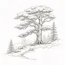 A sketch of a serene landscape with a towering cedar tree as the focal point, surrounded by a burnt forest tattoo design idea