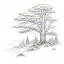 A sketch of a serene landscape with a towering cedar tree as the focal point, surrounded by a burnt forest tattoo design idea