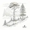 A sketch of a serene landscape with a towering cedar tree as the focal point, surrounded by a burnt forest tattoo design idea
