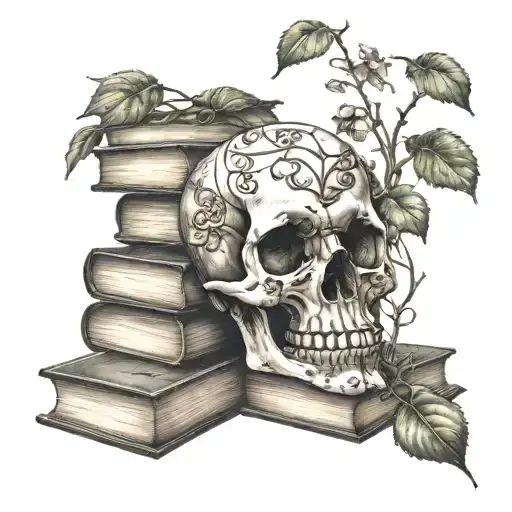 Skull and Stack of Books with vines  tattoo design idea