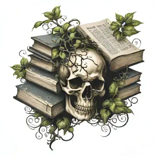 partial Skull and Stack of Books with vines  tattoo design idea