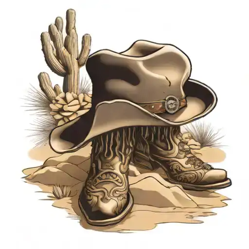 cowboy boots and hat surrounded by desert  tattoo design idea