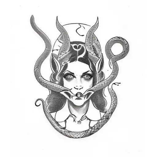 A brunette lady with snakes coming out her eyes and devil horns on her head blowing smoke out her mouth the shape of a s tattoo design idea