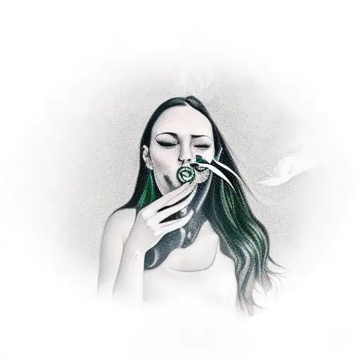 a brunette lady with green eyes blowing smoke out her mouth  tattoo design idea