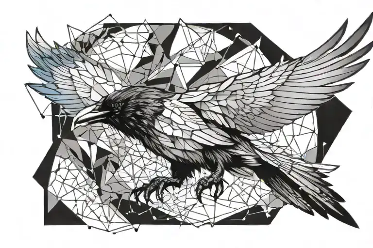 Raven flying sideways, Tailfin disintegrates into big Polygons, Ash, black & white, no color tattoo design idea