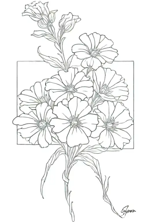 carnation, daisy and delphinium bouquet tattoo design idea