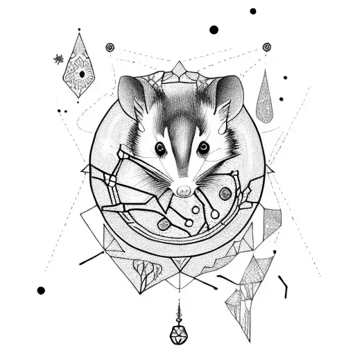 A mesmerizing blackwork tattoo of an opossum playing with constellations in the night sky tattoo design idea