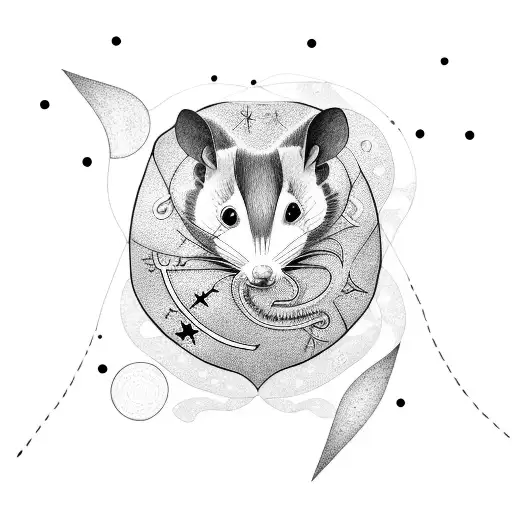A mesmerizing blackwork tattoo of an opossum playing with constellations in the night sky tattoo design idea
